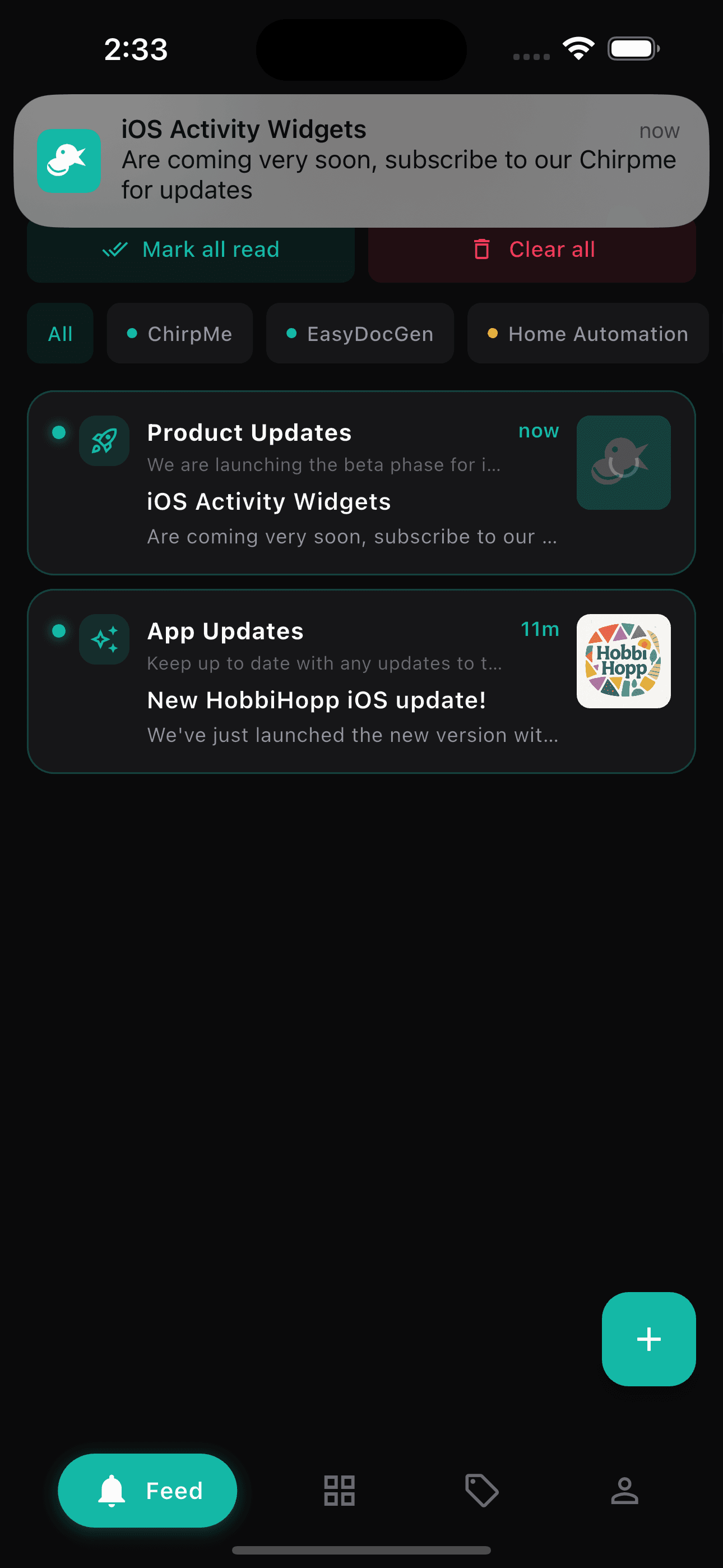Notification feed with filters and rich previews